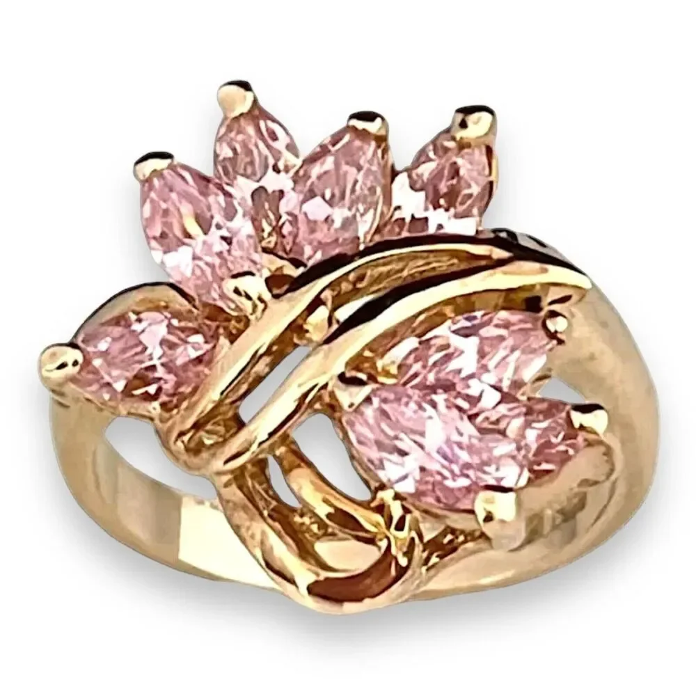 Vintage 1980s Pink CZ Cluster Ring Size 6 14KTGE Gold Plate - 14D
